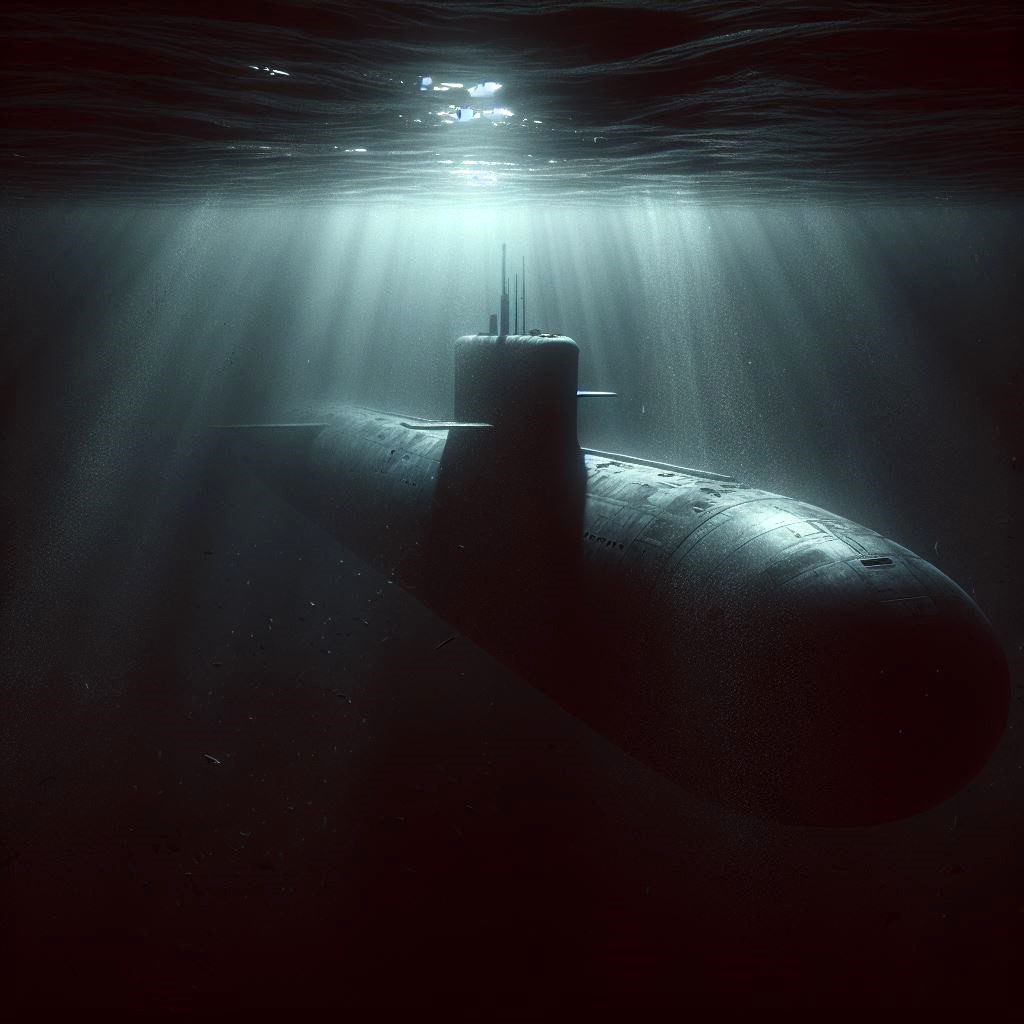 A dark and ominous underwater scene featuring a large submarine submerged in deep ocean waters. The A dark and ominous underwater scene featuring a large submarine submerged in deep ocean waters. The