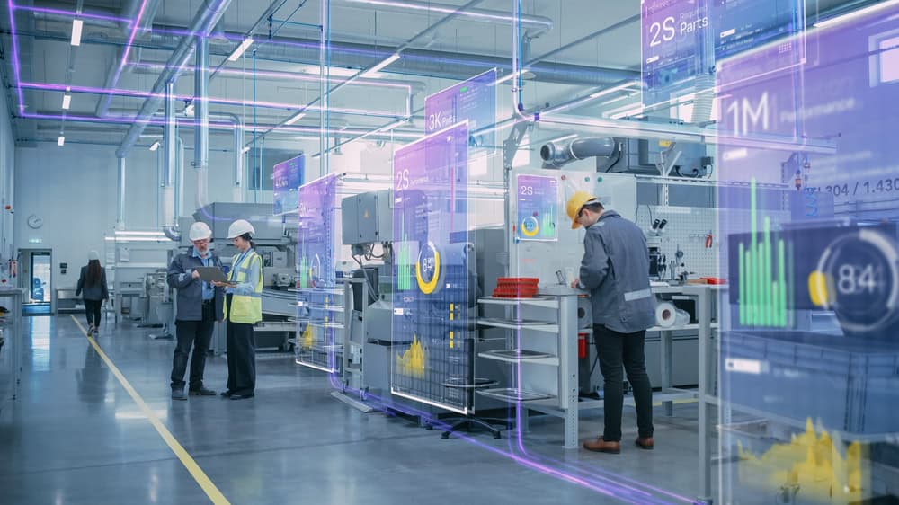 A factory floor with digital overlays showing edge computing data analysis dashboards A factory floor with digital overlays showing edge computing data analysis dashboards