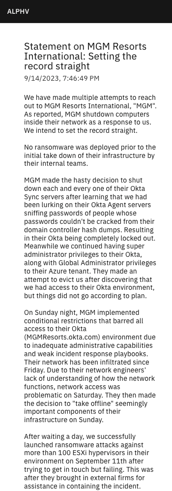 Alphv statement on MGM Alphv statement on MGM