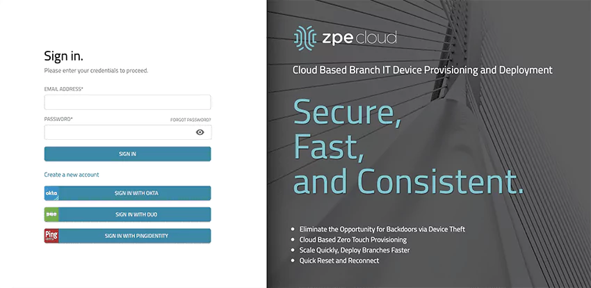 ZPE Cloud Login Screen ZPE Cloud Login Screen